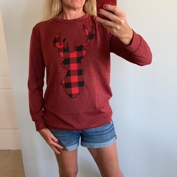 French Terry Long Sleeve Plaid Reindeer Top - Picture 2 of 10
